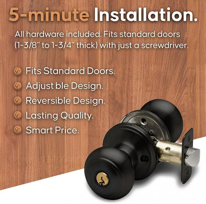 Copper Creek Colonial Entry Door Knob – Keyed Entry Handle with Lock and Key, ANSI Grade-3 Certified, DIY-Friendly Install for Interior and Exterior Entrance Doors – Matte Black (3 Pack)