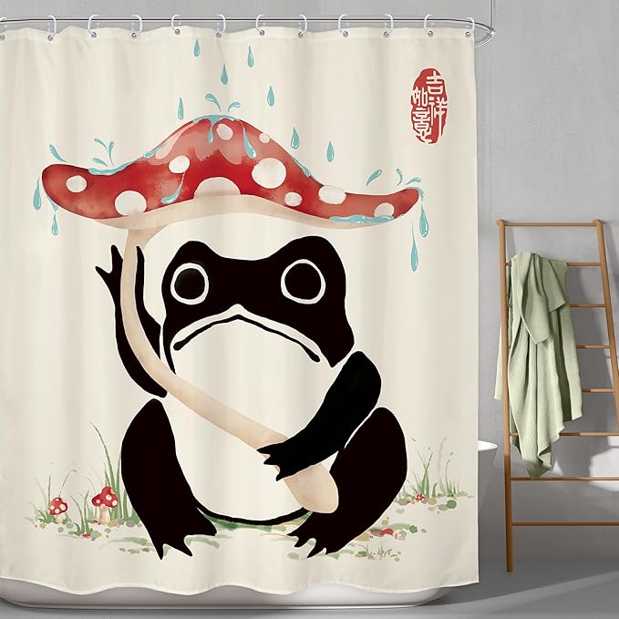 LGhtyro Funny Frog Shower Curtain Bathroom Set 60Wx71H Inches Mushroom Asian Traditional Art Japanese Lovely Hilarious Black Beige Red Bath Accessories Cute Animal Art Home Decor Fabric 12 Pack Hooks