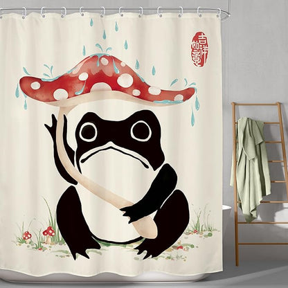 LGhtyro Funny Frog Shower Curtain Bathroom Set 60Wx71H Inches Mushroom Asian Traditional Art Japanese Lovely Hilarious Black Beige Red Bath Accessories Cute Animal Art Home Decor Fabric 12 Pack Hooks