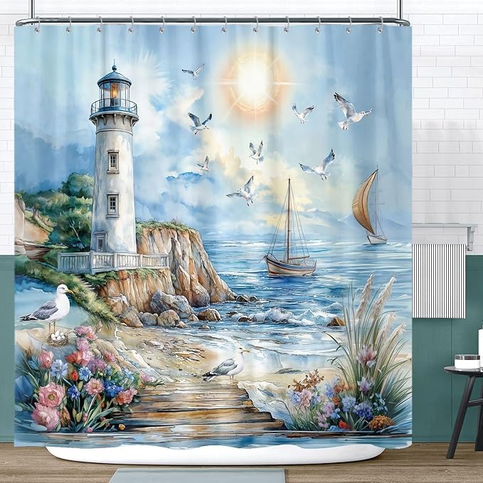 Nautical Coastal Lighthouse Shower Curtain, Boho Ocean Beach Lighthouse Seascape Beachy Abstract Shower Curtain Set, Seasides Sailboat Seagull Fabric Shower Curtain for Bathroom 12 Hooks, 72"×78" Blue