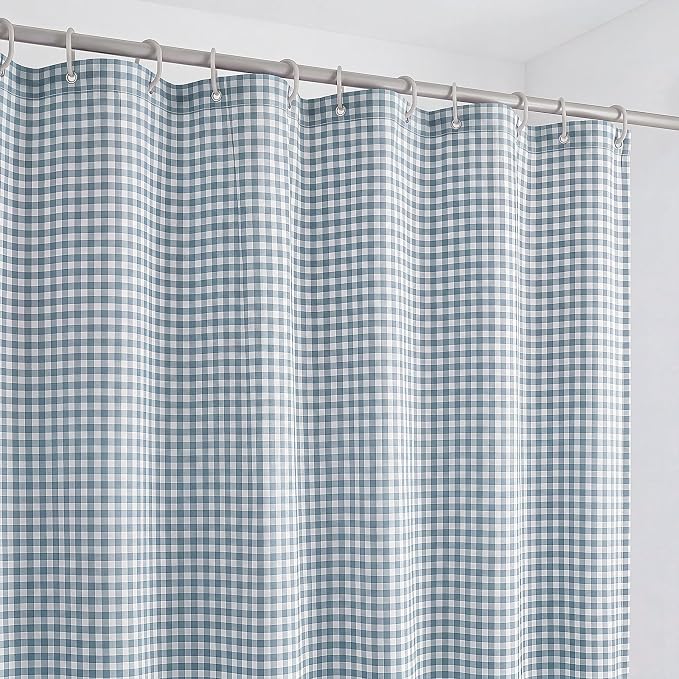 HunnmingRe Ruffle Hem Gingham Shower Curtain Dust Blue | 72'' x 72'' Vintage Farmhouse Curtain, Cotton Cottage Core Rural Checkered Plaid Decor, Fall Shower Curtain for Bathroom