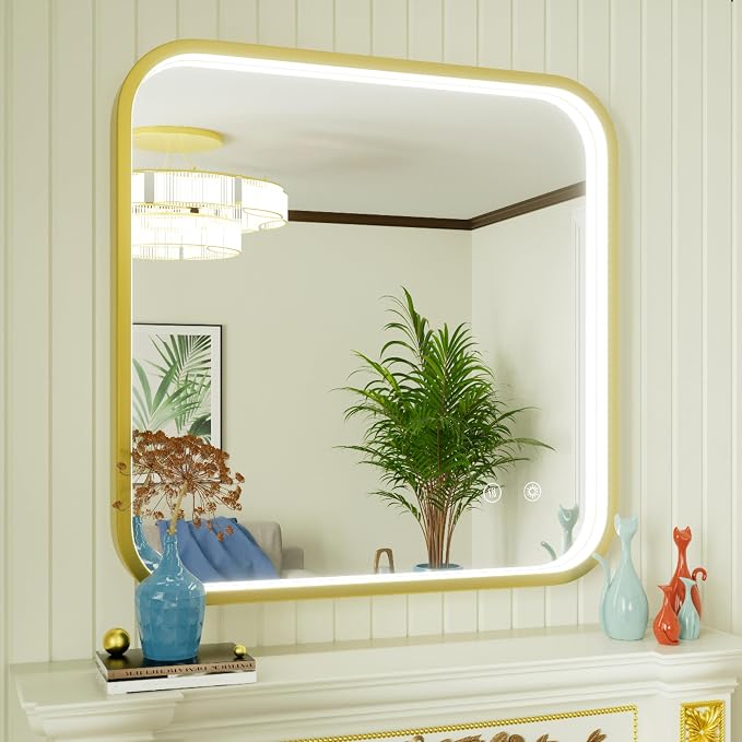 30"x30" Gold LED Bathroom Mirror with Lights,3000K/4500K/6000K | Stepless Dimmable, Anti-Fog, Memory Function, Aluminum Frame Wall Mount Lighted Vanity Mirror, ETL Listed, IP54 Waterproof