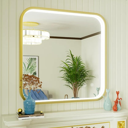 30"x30" Gold LED Bathroom Mirror with Lights,3000K/4500K/6000K | Stepless Dimmable, Anti-Fog, Memory Function, Aluminum Frame Wall Mount Lighted Vanity Mirror, ETL Listed, IP54 Waterproof