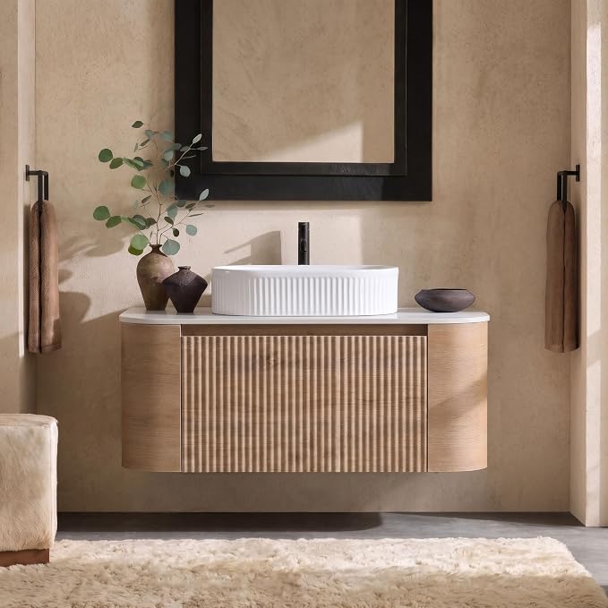 36" Preassembled Floating Bathroom Vanity with White Sink, Oak | Mid-Century Modern Style, Fluted & Soft-Close Drawer with U-shaped Wall, Sinterted Stone Countertop, Towel Rack Included