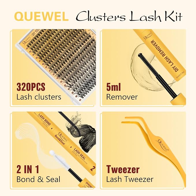 QUEWEL Lash Clusters Kit, 320 Pcs 30D Lash Cluster Eyelash Extensions | 9-16mm Lash Clusters Wispy Kit with Eyelash Clusters Bond and Seal Glue Remover Tweezers (30D Kit)