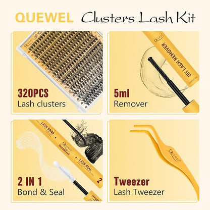 QUEWEL Lash Clusters Kit, 320 Pcs 30D Lash Cluster Eyelash Extensions | 9-16mm Lash Clusters Wispy Kit with Eyelash Clusters Bond and Seal Glue Remover Tweezers (30D Kit)