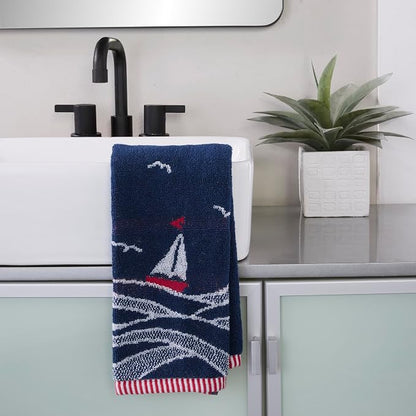 SKL Home Nautical Sailboat Waves Hand Towel Set-2pc, 100% Cotton, Navy | Plush, absorbent & reversible. Great for everyday & coastal/beach décor in the bathroom, kitchen, bar or any sink space.
