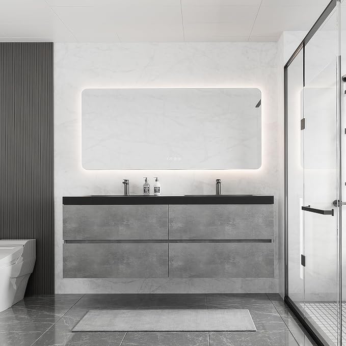 60 Inch Floating Bathroom Vanity with Double Sink, Modern Grey Wall Mounted Floating Vanity with Scratch-Resistant Quartz Sand Basin and 4 Soft Closing Drawers, Pre Assembled Bathroom Vanity