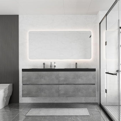 60 Inch Floating Bathroom Vanity with Double Sink, Modern Grey Wall Mounted Floating Vanity with Scratch-Resistant Quartz Sand Basin and 4 Soft Closing Drawers, Pre Assembled Bathroom Vanity