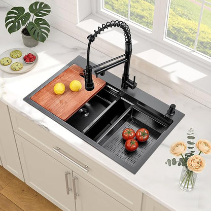 Black Kitchen Sink 30 Inch Gunmetal Black Drop In Kitchen Sink with Faucet Combo Modern Workstation Stainless Steel Sink Top Mount Single Bowl Farmhouse Kitchen Sinks