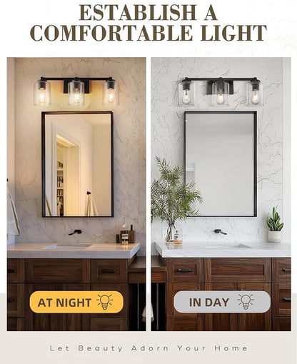 Beionxii 25In Farmhouse Bathroom Light Fixtures,Rustic Vanity Light Fixture | 3-Light Bathroom Vanity Light Fixture, Seeded Glass Shade, Oil Rubbed Bronze Over Mirror for Bathroom Living Room, BXMB9002-3