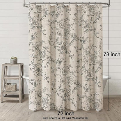 Farmhouse Floral Linen Shower Curtain, Vintage Grey Pattern Rustic Shower Curtains for Bathroom, Tan Taupe,Gray,72x78