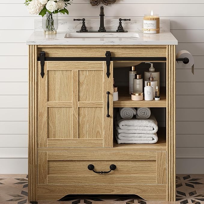IRONCK Bathroom Vanity with Sink 30", Vanity Cabinet with Water Baffle | Engineered Marble Top & Ceramic Sink, Soft Close Drawer & Open Shelves, Easy Assembly, Farmhouse Vanity for Bathroom