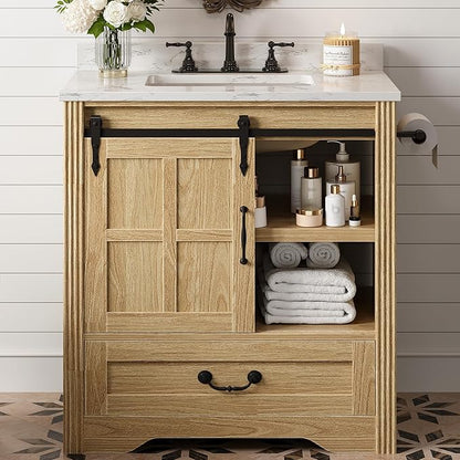 IRONCK Bathroom Vanity with Sink 30", Vanity Cabinet with Water Baffle | Engineered Marble Top & Ceramic Sink, Soft Close Drawer & Open Shelves, Easy Assembly, Farmhouse Vanity for Bathroom