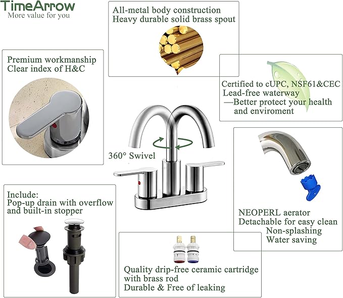 Chrome 4 Inch Centerset Bathroom Sink Faucet 3 Holes with Pop up Drain, High Arc Modern 2 Handle Bathroom Vanity Lavatory Faucet with Brass 360° Swivel Spout, TAF067E-CP