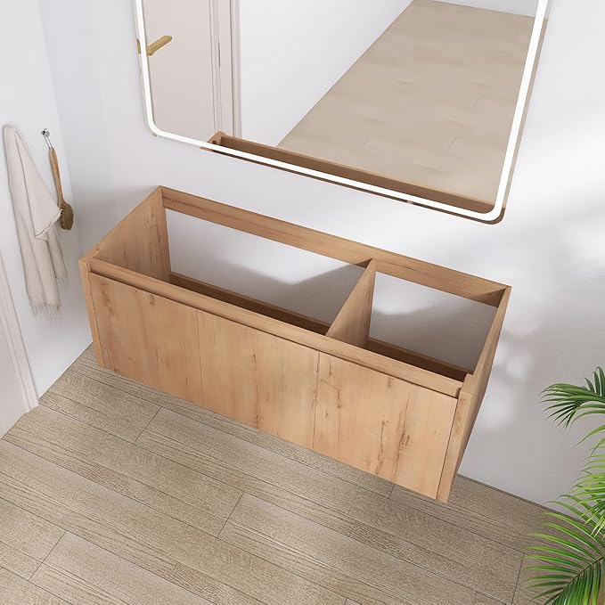 48" Floating Bathroom Vanity,48 Inch Bathroom Vanity Without Top Sink,Modern Floating Vanity Cabinet,Brown Wall Mounted Cabinet with Soft Closing Doors,Plywood(Sink Basin Not Included)