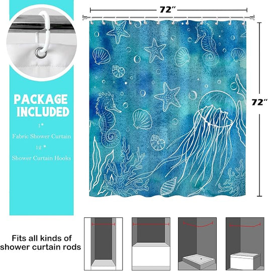 Blue Coastal Seashell Starfish Seahorse Shower Curtain Set 72x72 Inches | Seashell Starfish Seahorse Coastal Print, Coastal Beach Home Guest Housewarming Ocean Lover Bath Decor, With Fabric Hooks