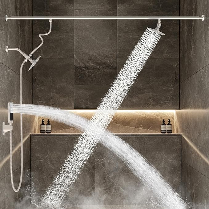Dual Shower Head for Couples with 6-Mode Diverter, Brushed Nickel | 304 Stainless Steel, Adjustable High Pressure Double Shower Head, Couples Gift, Renter-Friendly, Fits 53"-74" Wide Bathrooms