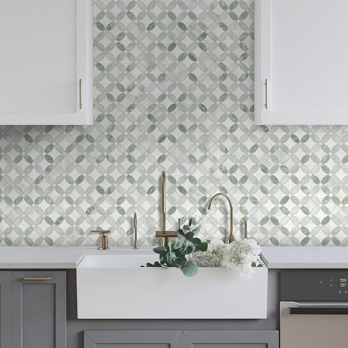 10-Sheet Peel and Stick Backsplash Coin Waterjet Tile, 11.2" x 11.2" Green Marble Looks Self Adhesive Wall Tile Stick on Backsplash for Kitchen, Bathroom, Fireplace, Shower