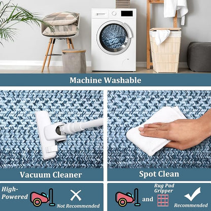 Washable Area Rugs 9x12 Living Room Modern Rugs for Bedroom Blue Rug Imitation Braided Soft Large Area Rug Non Slip Throw Rugs Stain Resistant Carpet for Nursery Dining Room 9'x12' Blue