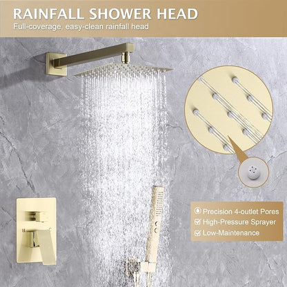 Rain Shower System, 10''Square Rain Head,2-Spray Handheld, Gold | 2 Spray Functions,Anti-Tangle Explosion-proof PVD Hose,Balance Temp Valve,Rust-proof & Scratch-resistant