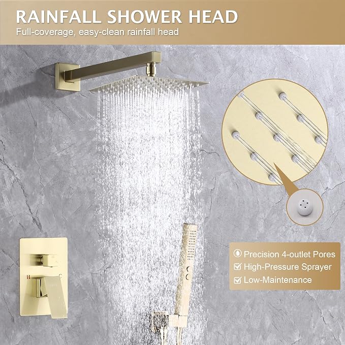 Rain Shower System, 12''Square Rain Head,2-Spray Handheld,Gold | 2 Spray Functions,Anti-Tangle Explosion-proof PVD Hose,Balance Temp Valve,Rust-proof & Scratch-resistant