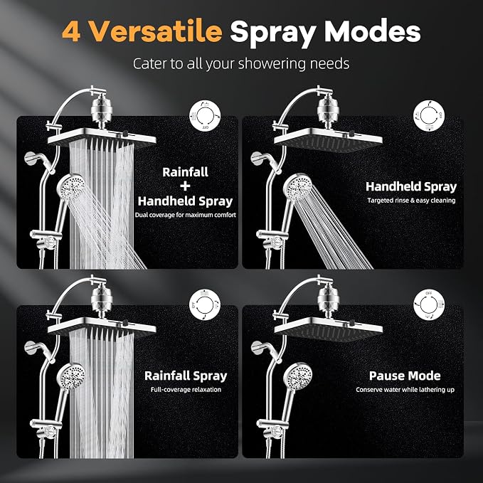 Hibbent 13" Filtered Shower Head & Filtered 10-Mode Handheld Combo, Chrome | High Pressure 5-Spray Showerhead, 4-way Diverter, Heightened All Metal Extension Arm, 3 Filter Cartridges, Easy Reach