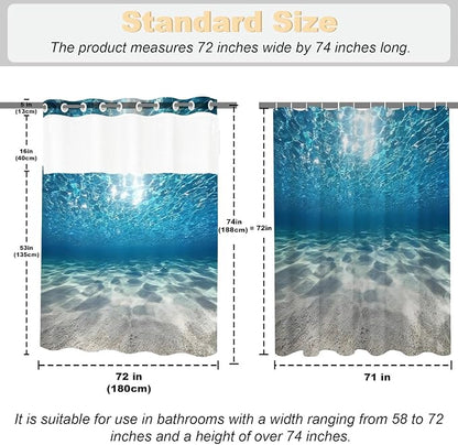 Modern Ocean Luxury No Hook Shower Curtain Nautical Tropical Aesthetic | Funky No Hook Shower Curtain with Snap in Liner, Waterproof Ringless Shower Curtains for Bathroom 72x74 Inch Blue