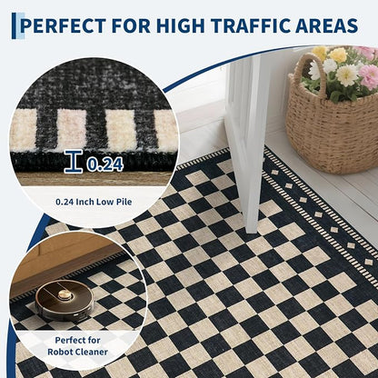 Garvee Washable Rugs 9x12 Charcoal Black Checkered Living Room Rug, Black | Non Slip Neutral Farmhouse Large Area Rug Soft Throw Rugs Stain Resistant Carpet for Dining Room Nursery Black 9'x12'