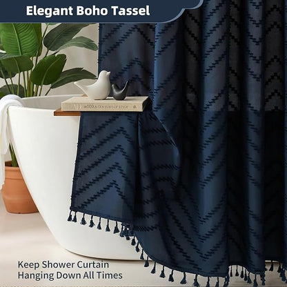 Siiluminisoy Extra Long Boho Navy Blue Shower Curtain, Woven Fabric Shower Curtain, 72 x 96, Tufted Striped Modern Chic Textured Cloth Shower Curtains Minimalist Bathroom Decor