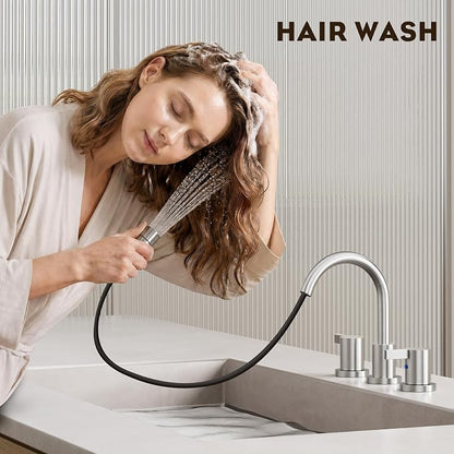 Pull Down Sprayer Brushed Nickel Widespread Bathroom Sink Faucet, 8 Inch 2 Handles 3 Hole Pull Out Bathroom Faucet,with Pop Up Drain and Water Supply Line,BF04022-K01-GBN