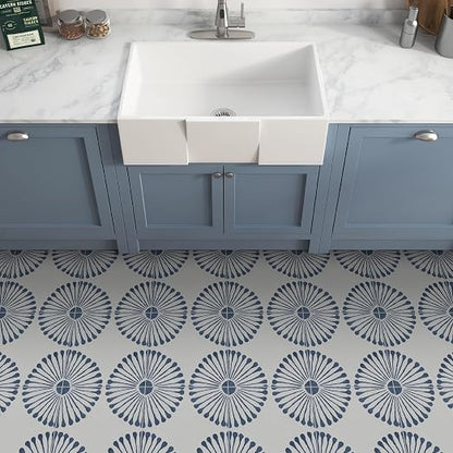16-Sheet Peel and Stick Floor and Wall Tile, 9" x 9" Blue Stone Composite Self Adhesive Vinyl Flooring, Patterned Flower Groutable Backsplash Tile for Kitchen Bathroom Shower