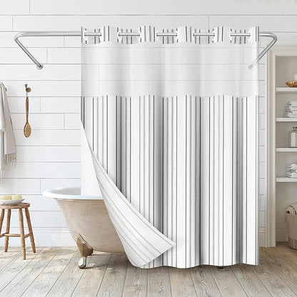 Americanflat 72x75 Hookless Shower Curtain - Water-Resistant Cottage Stripe Shower Curtain with Sheer Panel, Snap-in Liner, and Durable Grommets - 100% Polyester - Black, Grey and White