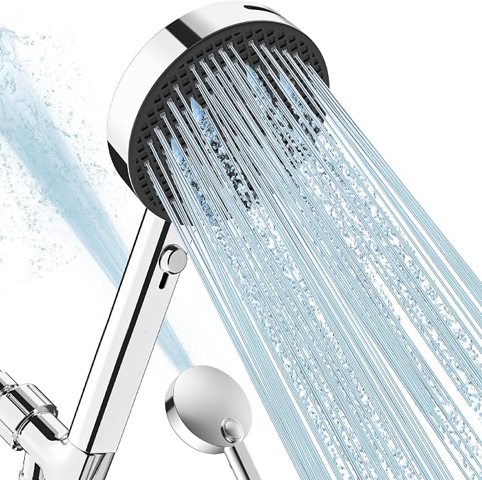 PWERAN Filtered Shower Head with Handheld, High Pressure 4 Spray Mode Showerhead with Filters, Water Softener Beads for Hard Water with ON/OFF Switch for Pets (Chromium Silver, 5 Inch Panel)