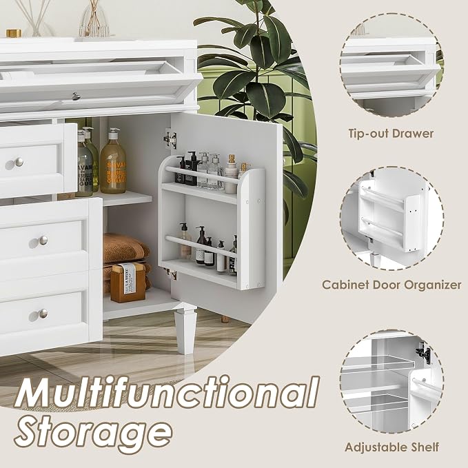 Merax 36 Inch Bathroom Vanity with Top Sink, Modern Bathroom Storage Cabinet with 2 Drawers and a Tip-Out Drawer, Solid Wood Frame Single Sink Bath Vanities, White