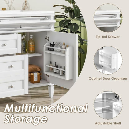 Merax 36 Inch Bathroom Vanity with Top Sink, Modern Bathroom Storage Cabinet with 2 Drawers and a Tip-Out Drawer, Solid Wood Frame Single Sink Bath Vanities, White