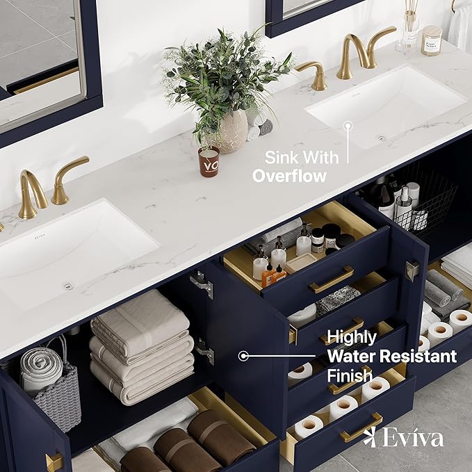 Eviva Aberdeen 84 in. Blue Double Sink Bath Vanity with Carrara Quartz Top and Undermount Porcelain Sinks