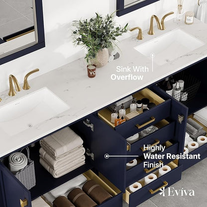Eviva Aberdeen 84 in. Blue Double Sink Bath Vanity with Carrara Quartz Top and Undermount Porcelain Sinks