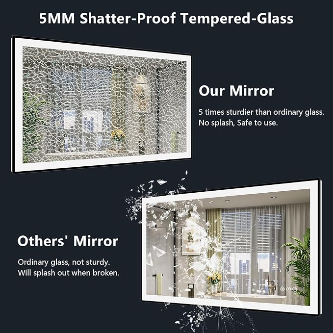 48x36 LED Bathroom Mirror with Lights, Black Framed Lighted Mirror | Backlit and Front Light, Anti-Fog, 3 Color Dimmable, Memory, Tempered Glass, IP54 Waterproof, UL Listed