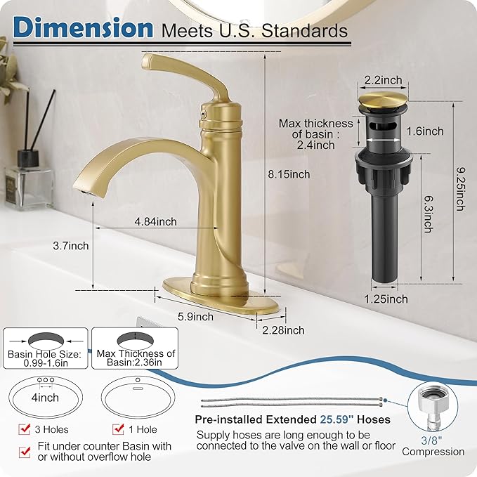 Brushed Gold Bathroom Faucet, Brass 1 Handle Bathroom Waterfall Sink Faucet 1 Hole or 3 Hole (4 Inch) with Pop Up Drain, Deck Plate, Extended 23.4 Inch Hoses for Farmhouse, Vanity, Restroom