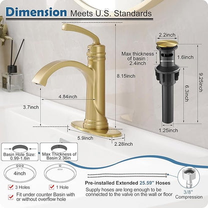 Brushed Gold Bathroom Faucet, Brass 1 Handle Bathroom Waterfall Sink Faucet 1 Hole or 3 Hole (4 Inch) with Pop Up Drain, Deck Plate, Extended 23.4 Inch Hoses for Farmhouse, Vanity, Restroom