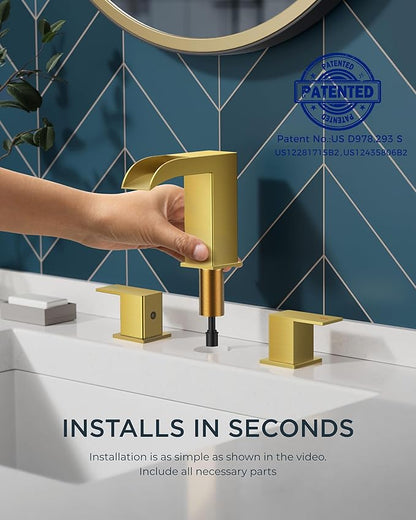 FORIOUS Square Brushed Gold Bathroom Faucets 3 Hole, Waterfall 8 Inch Widespread Bathroom Sink Faucet with Metal Pop-up Drain and Supply Lines, Two Handles for Vanity, Lavatory, Restroom