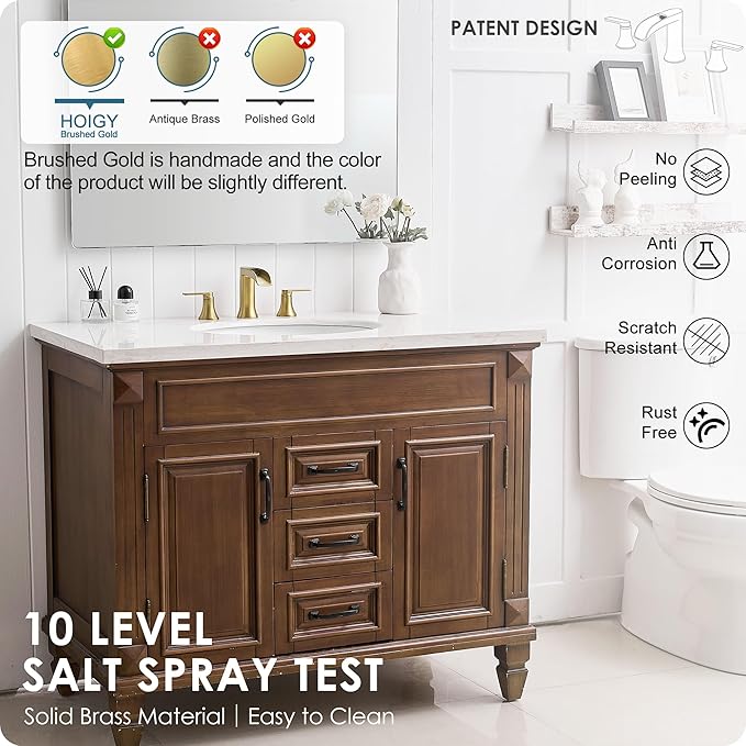 Brushed Gold Bathroom Faucet 3 Hole, 4-8 Inch Brass Widespread Waterfall Bathroom Sink Faucets with Pop Up Drain and cUPC Supply Line, 2 Handles for Vanity, Lavatory, Restroom, Apartment, Modern