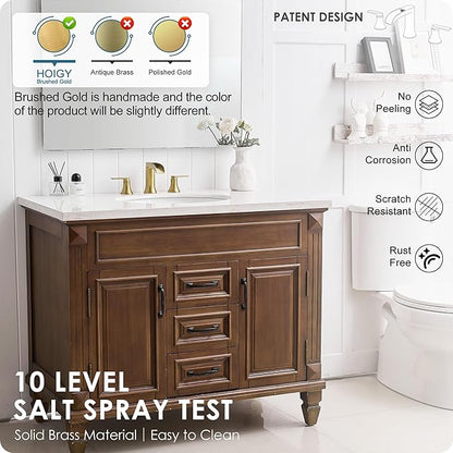Brushed Gold Bathroom Faucet 3 Hole, 4-8 Inch Brass Widespread Waterfall Bathroom Sink Faucets with Pop Up Drain and cUPC Supply Line, 2 Handles for Vanity, Lavatory, Restroom, Apartment, Modern