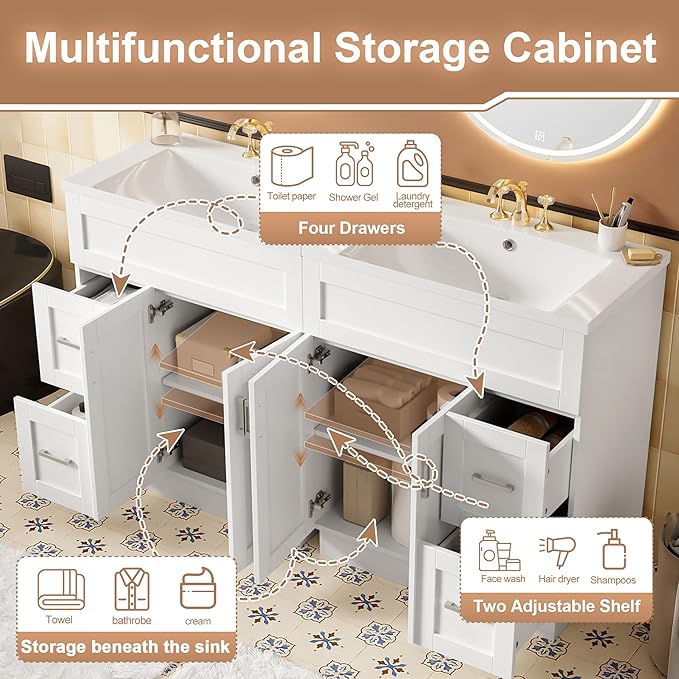 60" Bathroom Vanity Set with Double Sink, Harper & Bright Designs Vanity Cabinet with 4 Cabinet Doors, 4 Drawers, 2 Adjustable Shelves, Solid Wood Bathroom Cabinet with Resin Basin for Bathroom, White