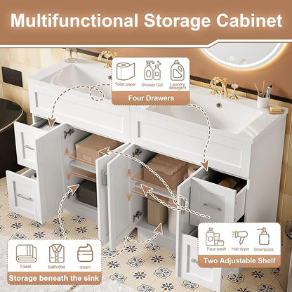 60" Bathroom Vanity Set with Double Sink, Harper & Bright Designs Vanity Cabinet with 4 Cabinet Doors, 4 Drawers, 2 Adjustable Shelves, Solid Wood Bathroom Cabinet with Resin Basin for Bathroom, White