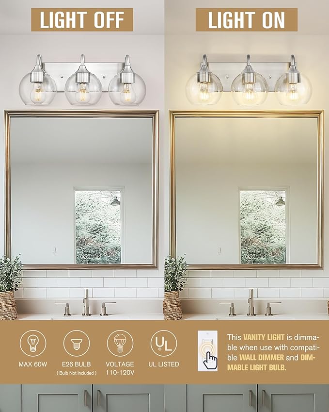 Emak 3-Light Bathroom Vanity Lights Over Mirror, Globe Bathroom Light Fixtures with Clear Glass Shade, Modern Brushed Nickel Vanity Light for Bath, Mirror, VL118-BN-CG-3