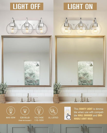 Emak 3-Light Bathroom Vanity Lights Over Mirror, Globe Bathroom Light Fixtures with Clear Glass Shade, Modern Brushed Nickel Vanity Light for Bath, Mirror, VL118-BN-CG-3