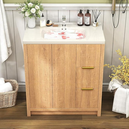 32" Modern Bathroom Vanity with Ceramic Sink, 2 Drawers & 2 Doors, Wooden Panel Design Storage Cabinet, Actual 31.5" L x 18.5" W x 35.5" H
