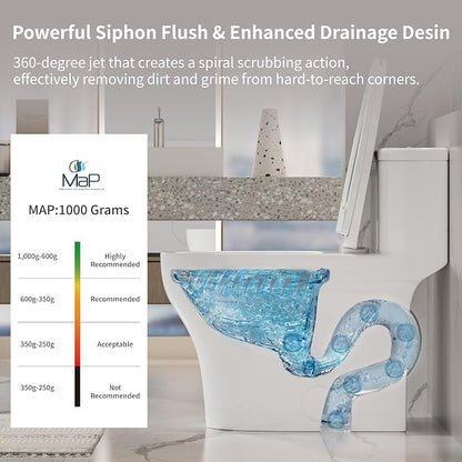 Elongated One Piece Toilet with Comfort Chair Seat ADA Height 17.33", Powerful Dual Flush 0.8/1.28 GPF Compact Toilet, MAP 1000g, Standard White Toilet Bowl, 12'' Rough-in